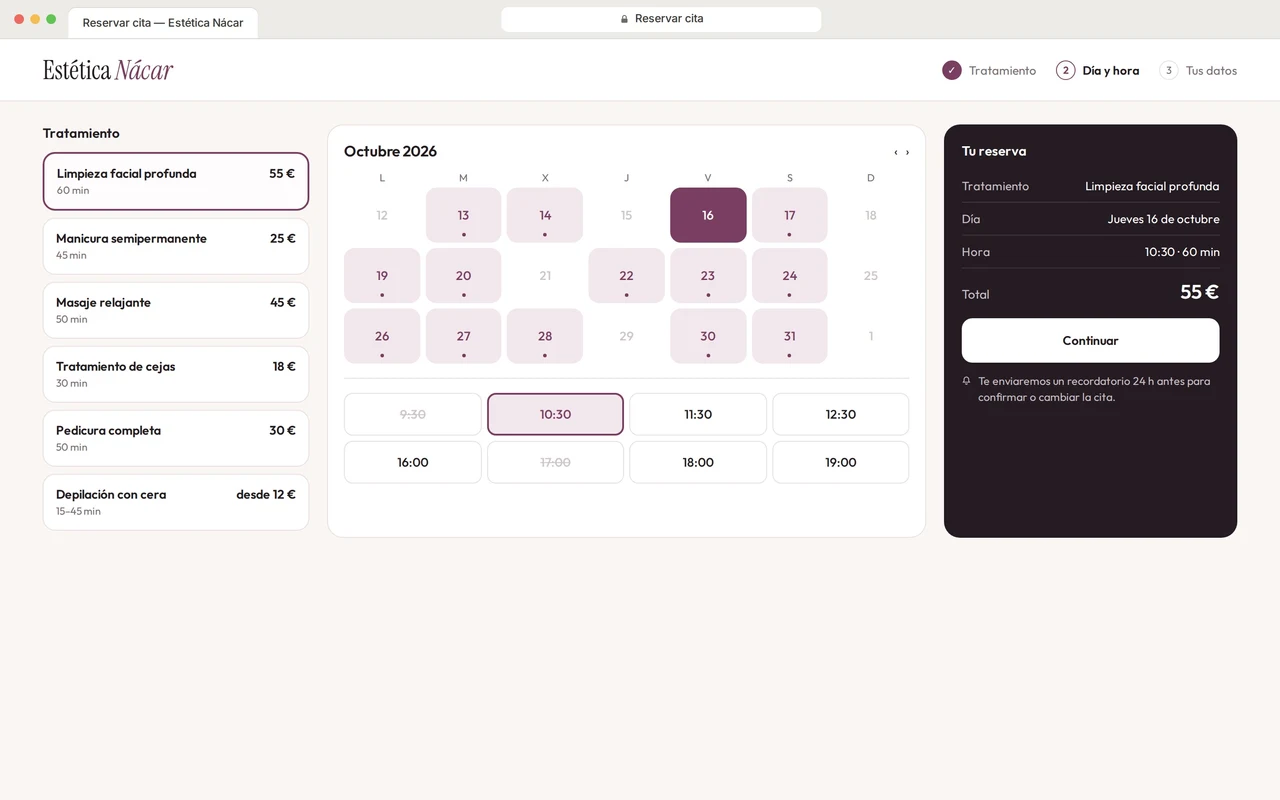 Página de reserva online con tratamientos, calendario, horas libres y resumen de la cita