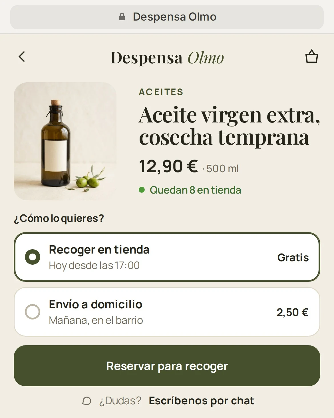Ficha de un producto en el móvil con la opción de recoger en tienda o recibirlo en casa