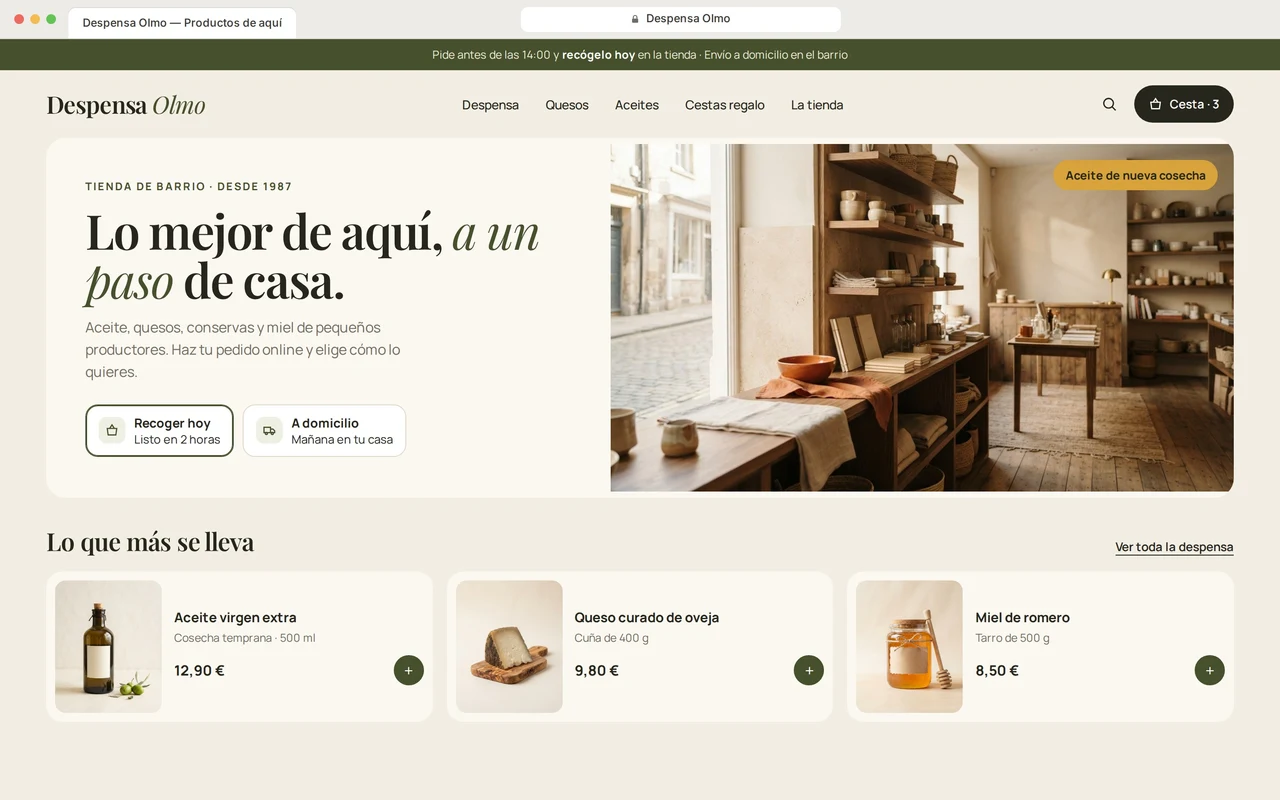 Web de ejemplo para una tienda de barrio de productos locales, con recogida en tienda el mismo día