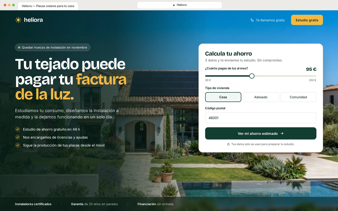 Landing page de ejemplo para una empresa de placas solares, con titular, ventajas y un formulario para calcular el ahorro
