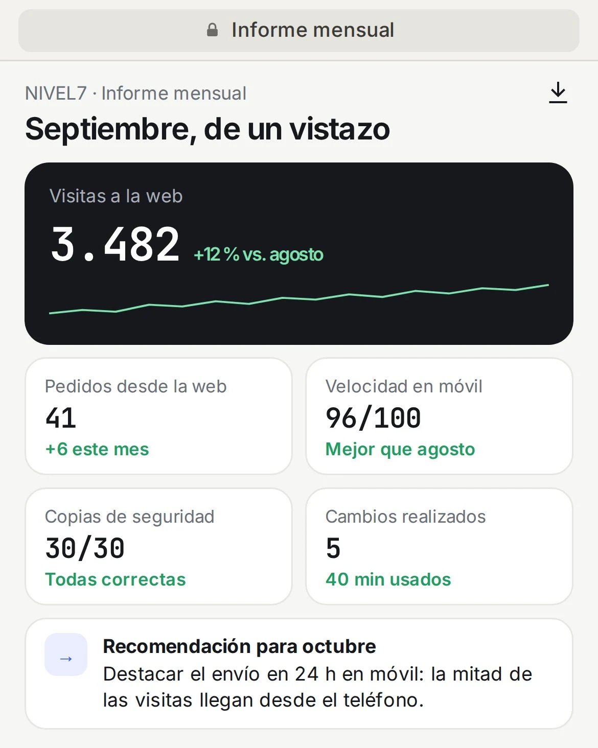 Informe mensual de mantenimiento en el móvil, con visitas, pedidos, velocidad y copias de seguridad