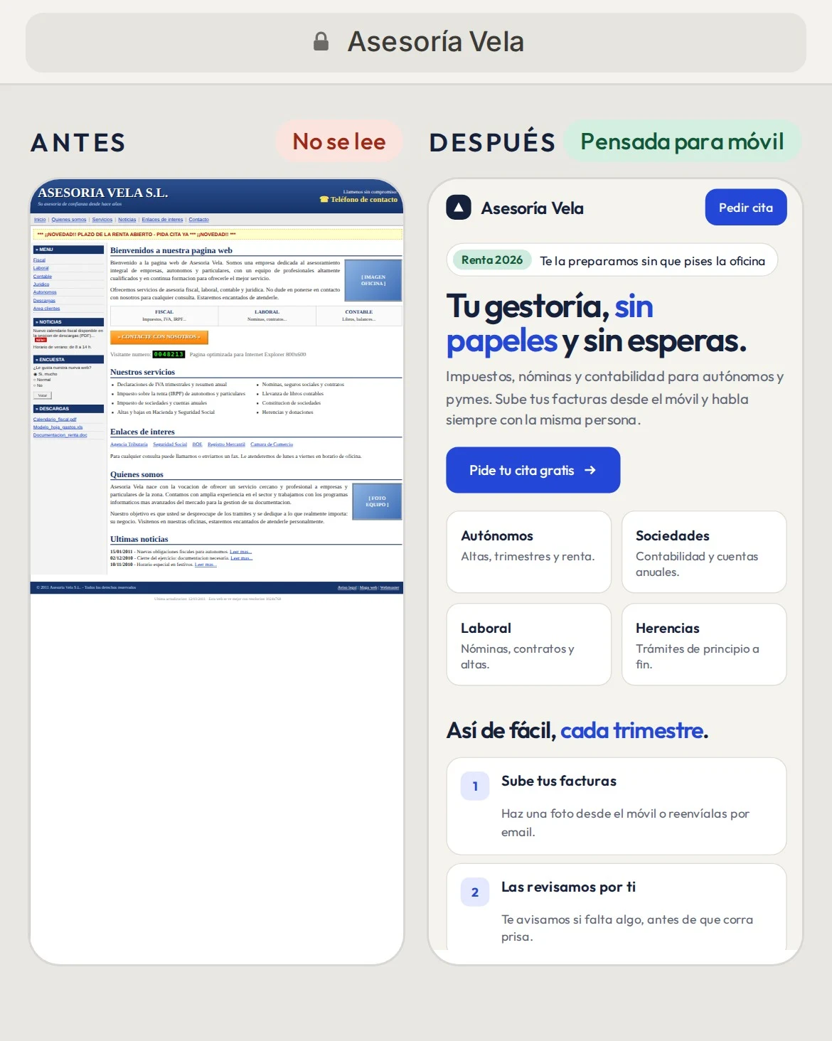 La web antigua y la nueva de la misma gestoría vistas en el móvil, una al lado de la otra