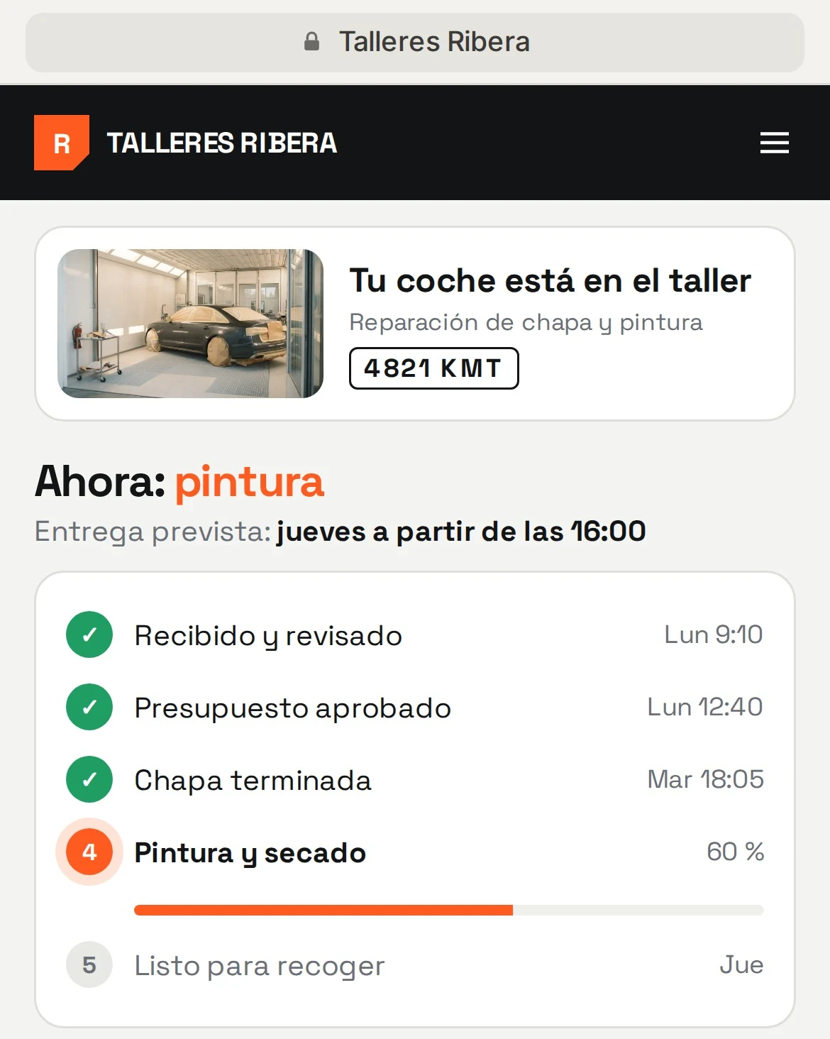 Seguimiento de una reparación en el móvil: fases completadas y fecha de entrega