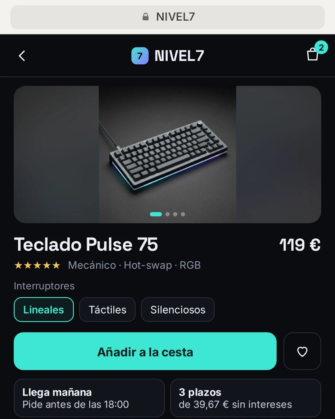 Ficha de un teclado gaming en el móvil, con opciones, precio, pago a plazos y botón para añadir a la cesta