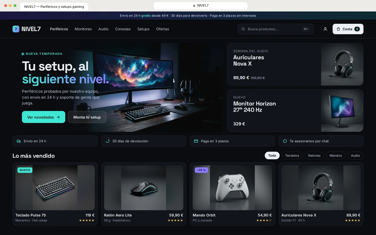 Tienda online de ejemplo de periféricos gaming, con buscador, cesta, ofertas y productos más vendidos con precio